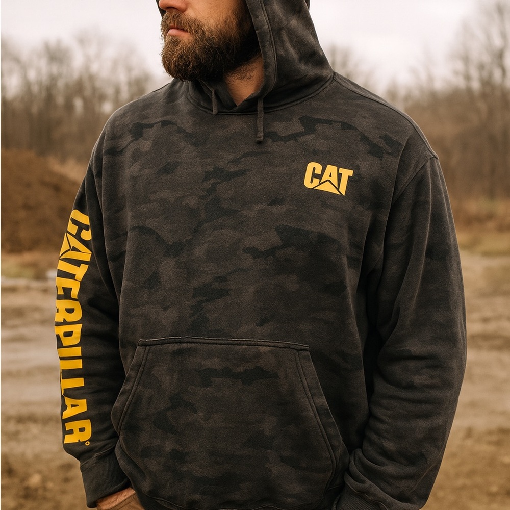 Caterpillar CAT Hoodie Mens XXL Gray Camouflage Distressed Sweatshirt  Workwear